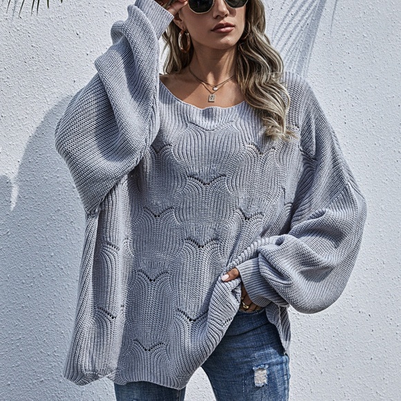 grey oversized loose fit scallop  sweater - Picture 3 of 6